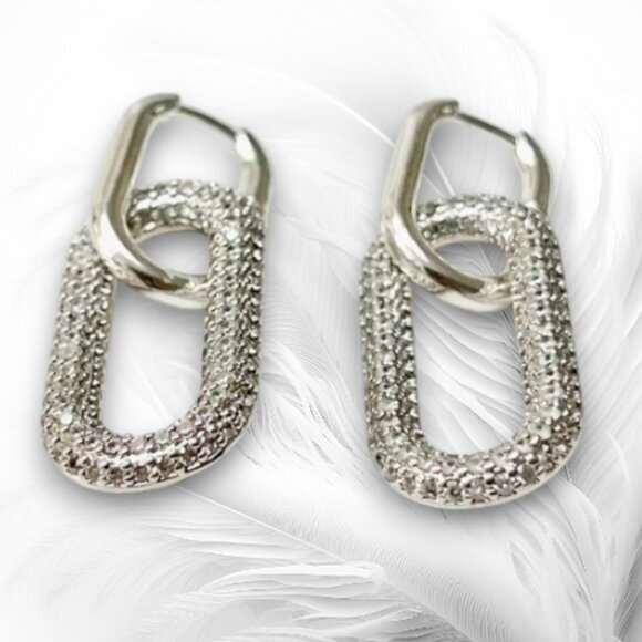 Silver Tone Pave Link Drop Earrings Geometric Chain Style - Picture 3 of 3